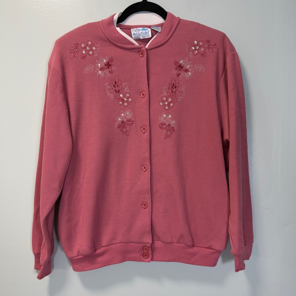 Palm Harbour Vintage Pink Floral Embroidered Button Up Cardigan Petite Small